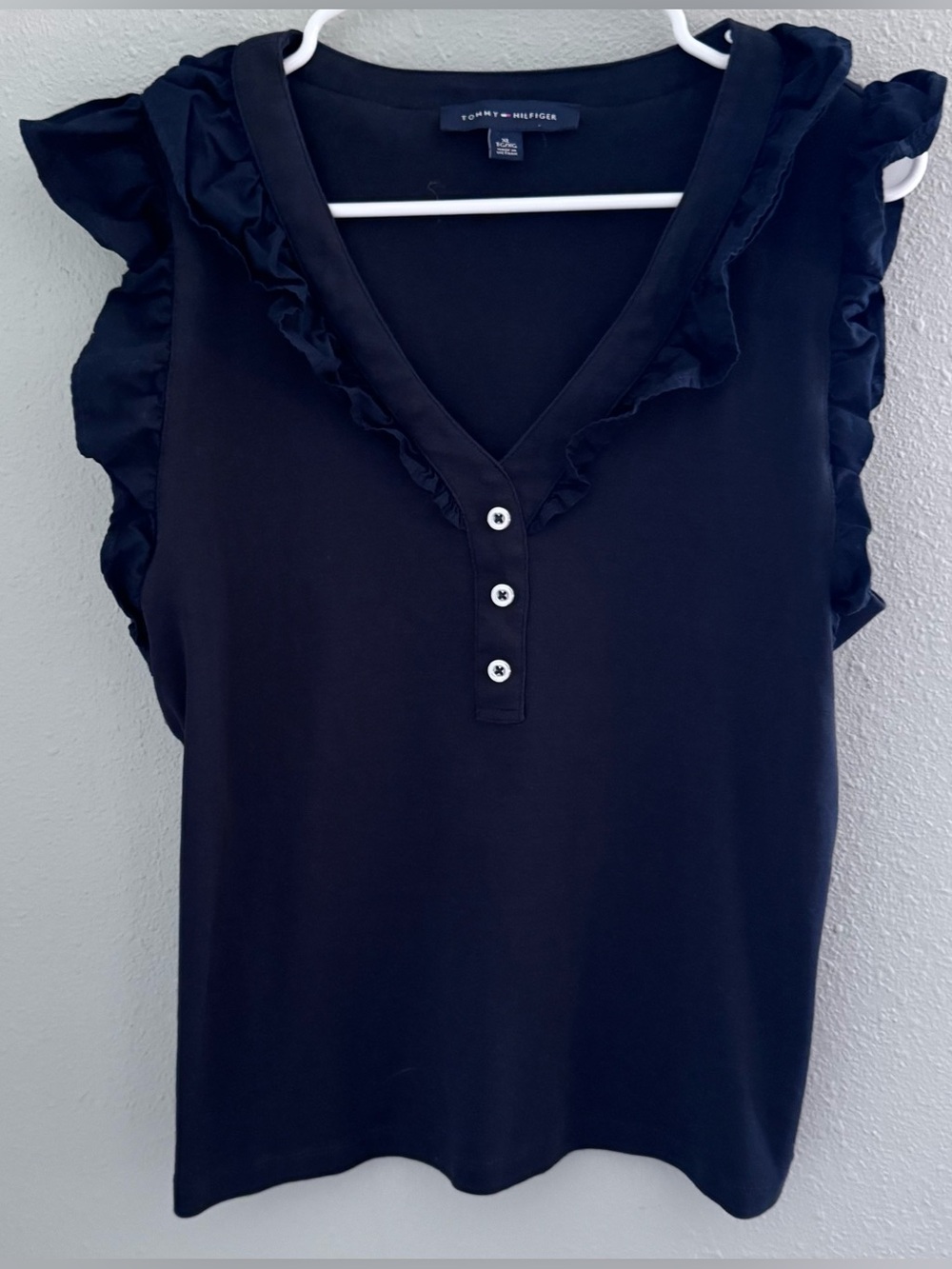 Tommy Hilfiger Navy Blue Ruffle-Trim Sleeveless Henley Tank